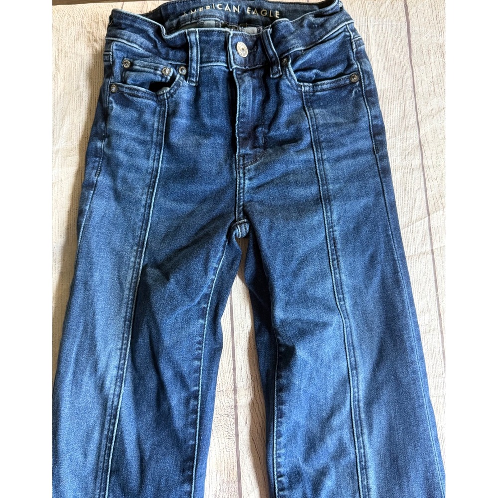 American Eagle High Waisted Seamed Flare Jeans Medium Wash Split Hem Denim 00